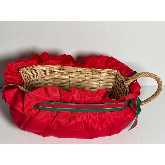 Shabby Chic Vintage Holiday Red Taffeta Vine Bottle Boat Wicker For Sale - Image 3 of 5