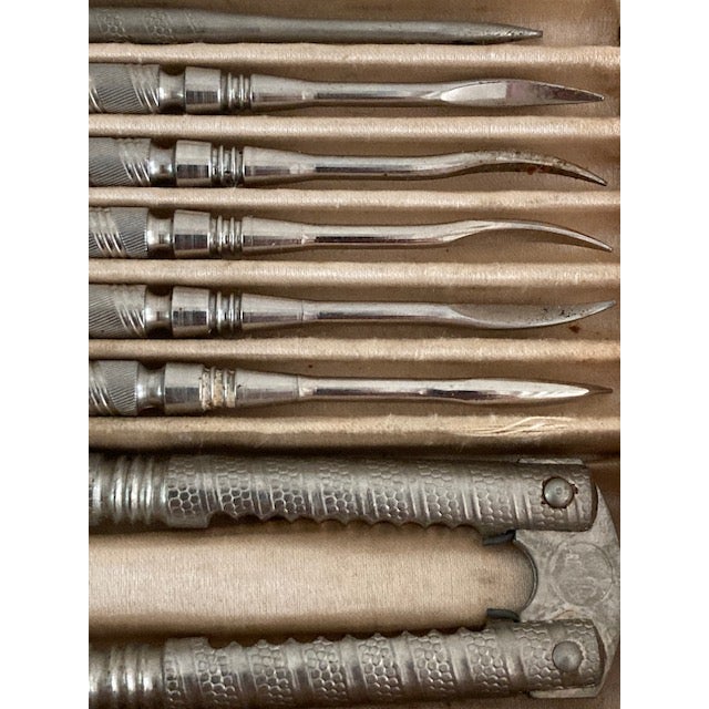 This is a lovely nutcravker set, presented in a birdseye maple box. All the necessary tools for nut cracking and enjoyment