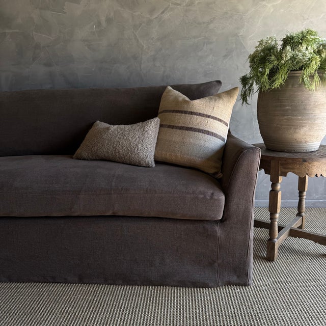 Slip Covered Olivier Cushion Sofa in Cafe Noir Brown Linen With Down Cushion For Sale - Image 4 of 4