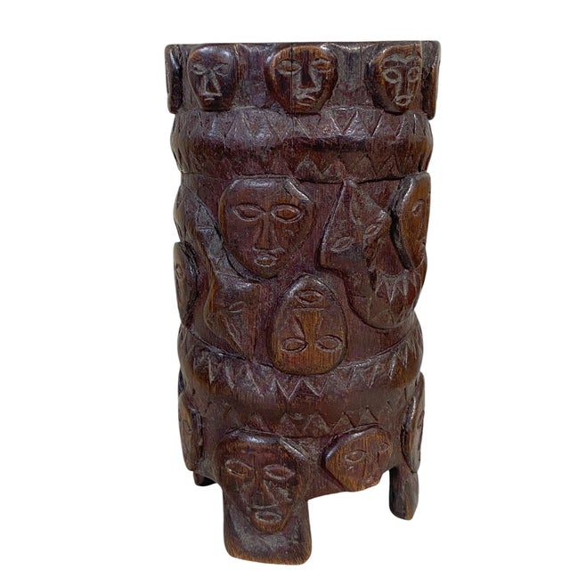 Vintage Circa 1960 Hand Carved Wood African Vase 6.5" H For Sale - Image 4 of 9