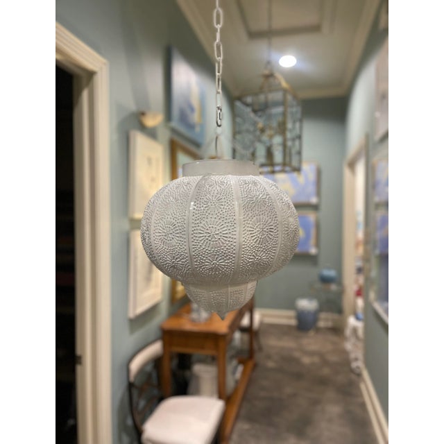 21st Century Moroccan White Painted Pierced Metal Hanging Pendant Shade For Sale - Image 9 of 9