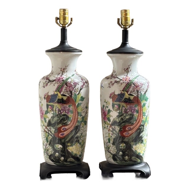 Mid-20th Century Hand Painted Chinese Porcelain Table Lamps — A Pair For Sale