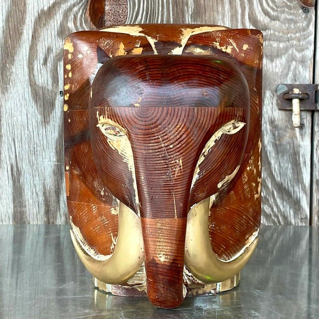 Vintage Boho Carved Wood and Brass Elephant For Sale - Image 12 of 12