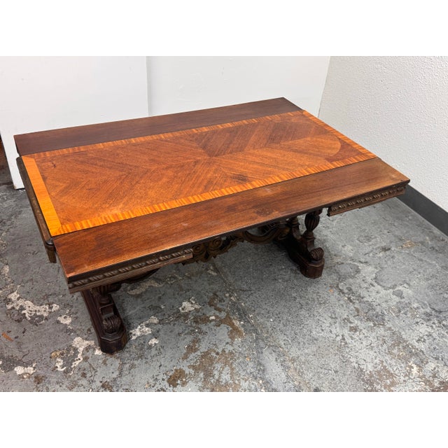 Late 20th Century Renaissance Revival Style Draw-Leaf Parquetry Top Table, Vintage For Sale - Image 5 of 12