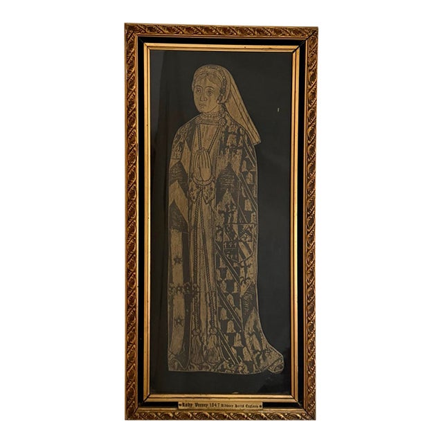 Vintage English Tudor Lady Verney Brass Rubbing, 1547, Ornate Gilt Frame For Sale