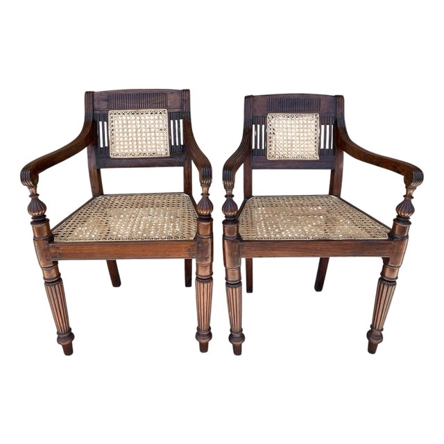 19th Century Pair of Anglo Indian Hand Carved Padouk Armchairs For Sale