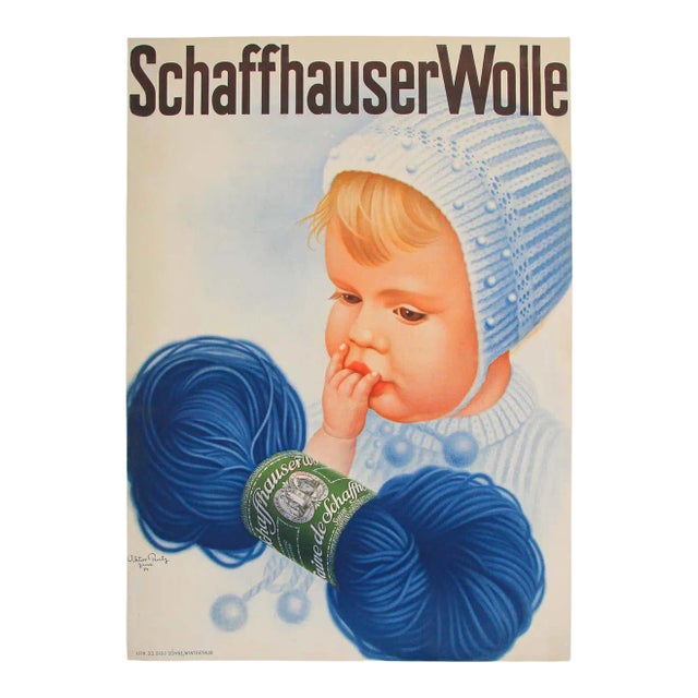 Vintage Poster Swiss Schaffhauser Wolle Wool Yarn Knitting 1934 Baby Blue For Sale
