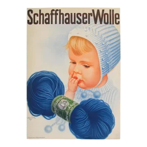 Vintage Poster Swiss Schaffhauser Wolle Wool Yarn Knitting 1934 Baby Blue