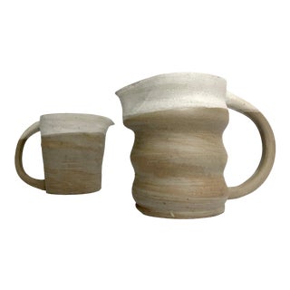 Pair of Rustic Modern Hand-Thrown Pitchers For Sale