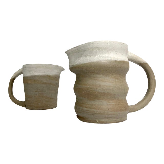 Pair of Rustic Modern Hand-Thrown Pitchers For Sale