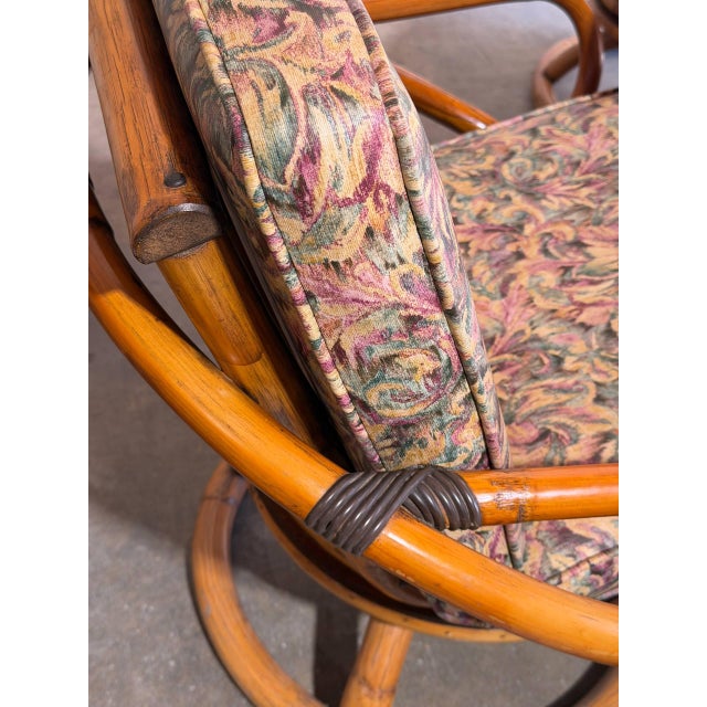 Wood Outdoor Rattan Dining Set With Extension Round Table and 4 Swivel Chairs Mid-Century Modern 1970s For Sale - Image 7 of 12