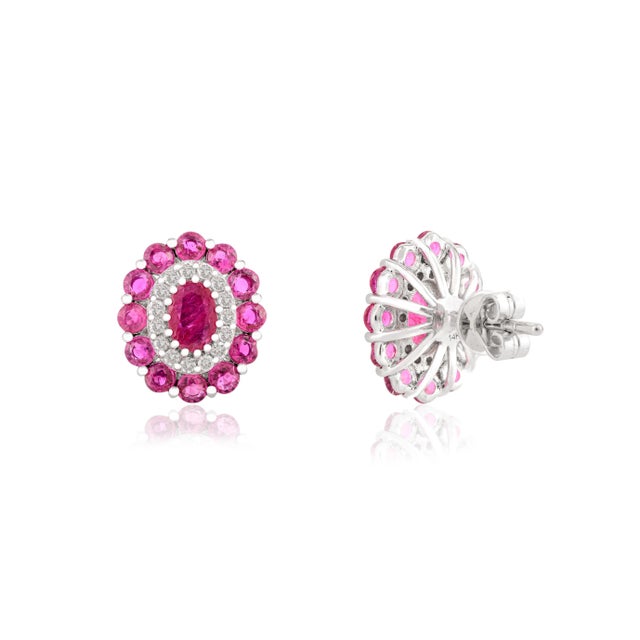 Ruby Halo Diamond Cluster Stud Earrings in 14k White Gold - 2 Pieces For Sale - Image 4 of 6