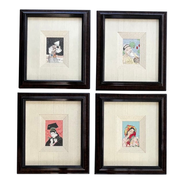 Mid 20th Century Curated Gallery Set of 4 Paul Jacoulet Original Japanese Surimono Miniature Woodblock Prints For Sale