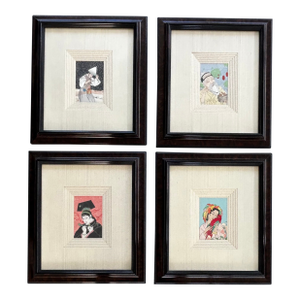Mid 20th Century Curated Gallery Set of 4 Paul Jacoulet Original Japanese Surimono Miniature Woodblock Prints
