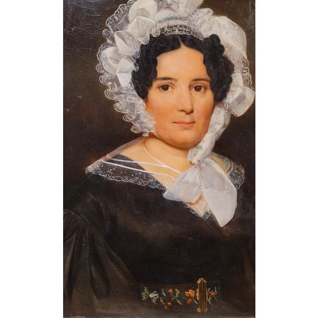 Portrait of a Lady Wearing a White Lace Bonnet-19th Century Oil Painting For Sale - Image 4 of 10