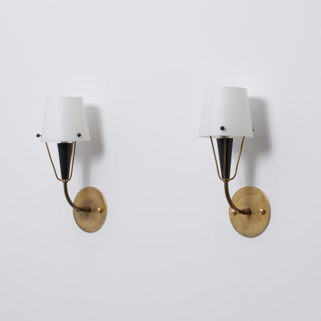 Italian Brass, Black Metal and Opaline Glass Wall Sconces, 1950s, Set of 2 For Sale - Image 11 of 11