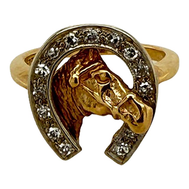 Vintage 14k Gold and Diamond Horseshoe Ring With Horse Head, Circa 1950 For Sale