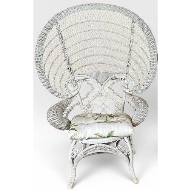 Vintage Boho Chic White Wicker Peacock Fan Back Chairs With Custom Cushions Pair For Sale - Image 4 of 16
