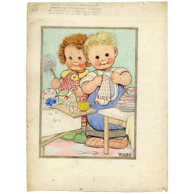 An original 1950 watercolour painting, Phyllis M. Purser, Baby Girl & Boy 'Perfect Husband' Washing Up.A wonderful...