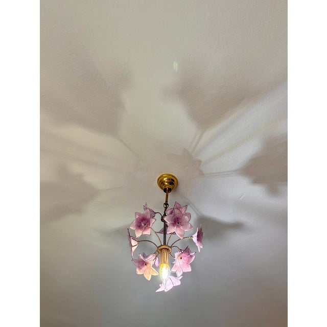 Vintage Italian Murano Style Hand-Painted Pink Floral Pendant Light, Romantic Glass Blossom Chandelier, Dramatic Ceiling Shadow Display For Sale - Image 12 of 17