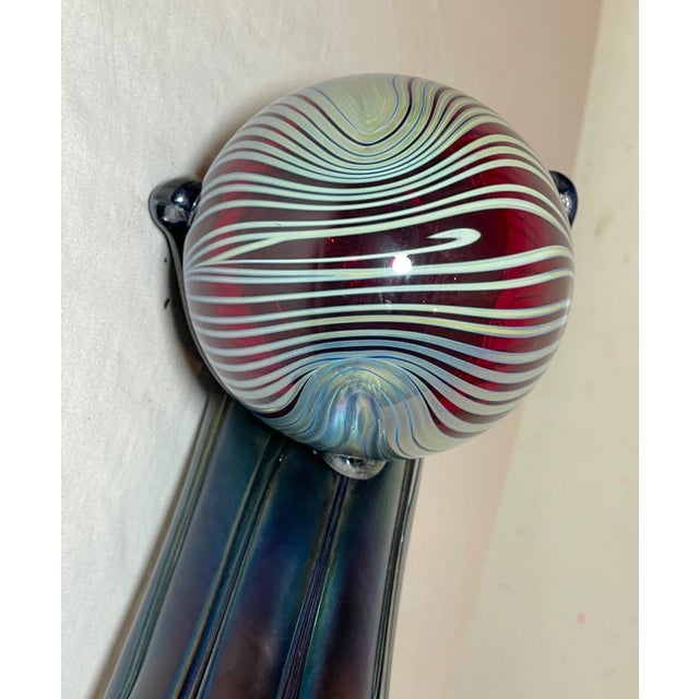 1980s Rare Hand Blown Aurene Iridescent Rainbow Glass Vase Holding Sphere Sculpture For Sale - Image 11 of 16