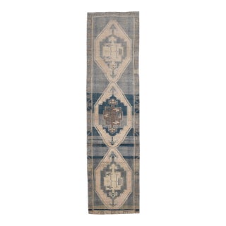 1970s Vintage Turkish Handmade Wool Cotton Green Runner Rug For Sale