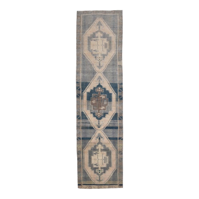 1970s Vintage Turkish Handmade Wool Cotton Green Runner Rug For Sale