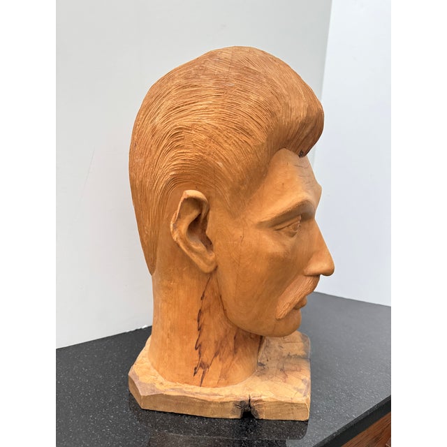 1960s Folk Art Americana Barbershop Carved Wood Bust of a Man For Sale - Image 10 of 12