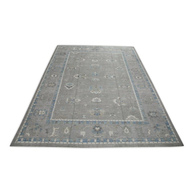 Early 21st Century Gray & Blue Floral Design Handwoven Wool Turkish Oushak Rug 11'6" X 15' For Sale In Houston - Image 6 of 8