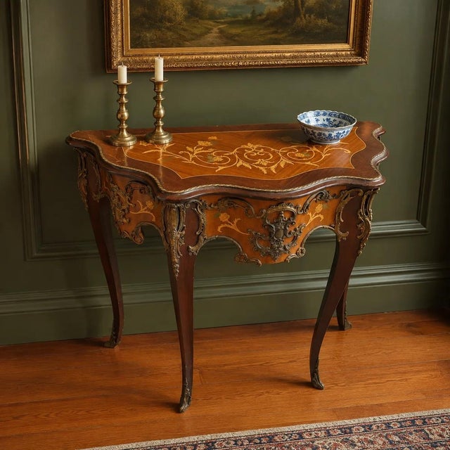 Louis XV–style Marquetry Console Table With Decorative Gilt-Metal Mounts For Sale - Image 9 of 9