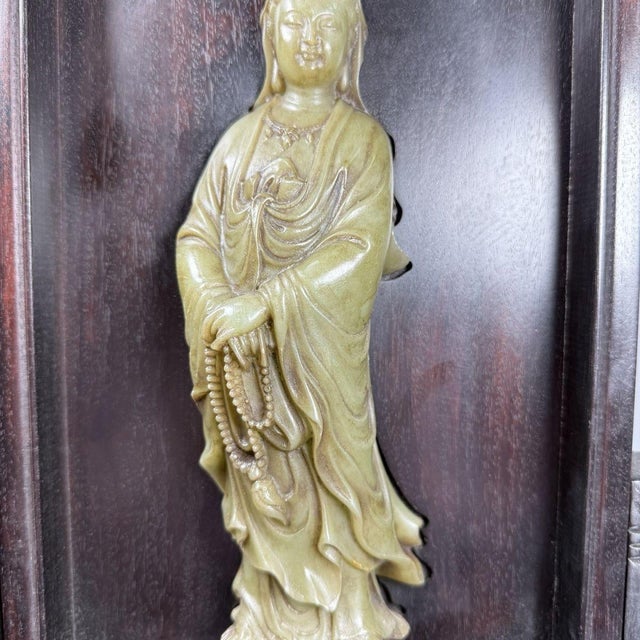 Art Deco 1970s Zitan Wood Table Screen With Carved Jade Guanyin (Goddess of Mercy) Inlay For Sale - Image 3 of 9