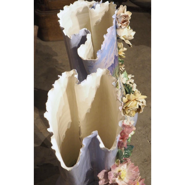 French Pair of Circa 1890 Hand Painted French Gros-Relief Blue Ground Barbotine Vases For Sale - Image 3 of 18