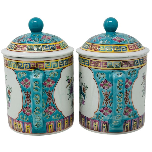 Chinese Vintage Chinese Porcelain Mugs With Lids Hand-Painted Famille Rose Teacups Made in China - a Pair For Sale - Image 3 of 12