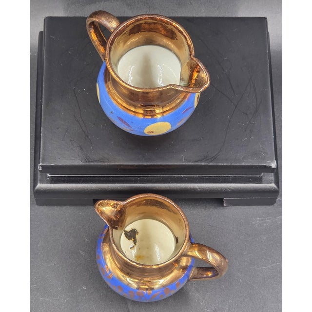 19th Century English Copper Lustreware Cobolt Blue Enamel Bands & Hand-Painterd Motifs 6 Piece Set For Sale - Image 12 of 18