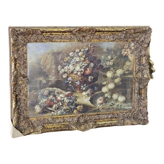 Grand Floral Splendor – Ornate Gilt Frame Still Life Painting With Elaborate Gold Leaf Details For Sale
