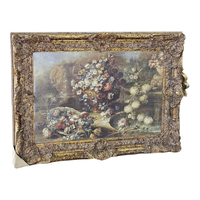 Grand Floral Splendor – Ornate Gilt Frame Still Life Painting With Elaborate Gold Leaf Details For Sale