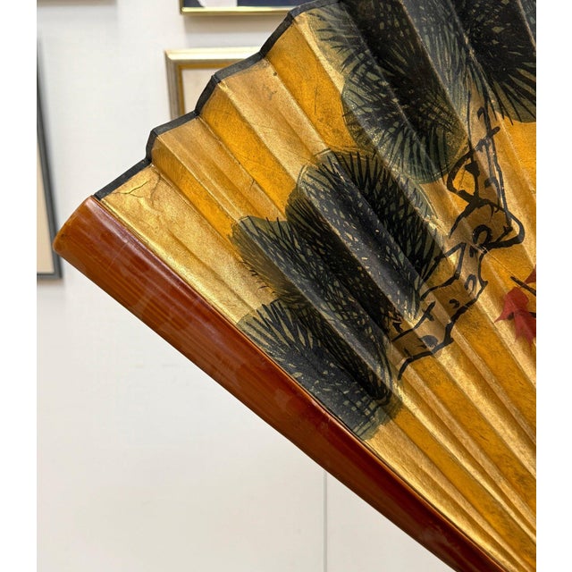 Stunning 70 Inch Vintage Chinese Hand Painted Gilt Wall Fan Cranes and Pine Motif For Sale - Image 4 of 14