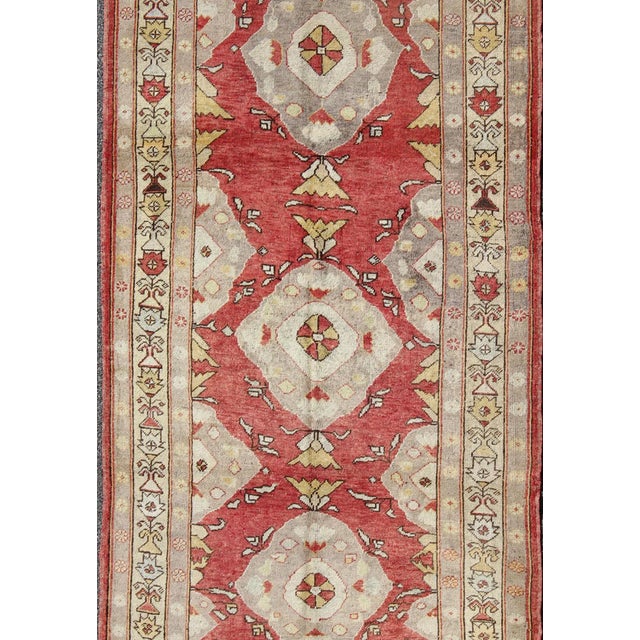 Turkish Red Background Vintage Turkish Oushak Runner in Gray, Cream, Yellow Colors For Sale - Image 3 of 8