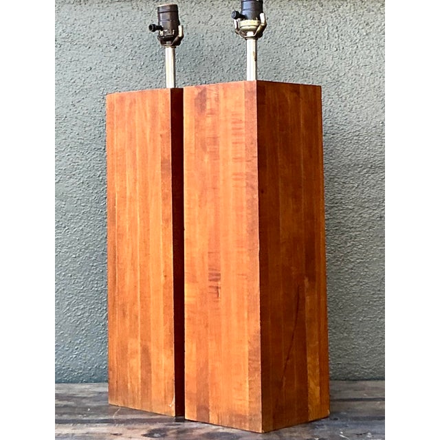 Vintage Boho Wood Block Lamps - A Pair For Sale - Image 4 of 7