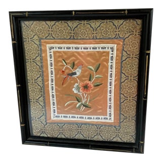 Vintage Silk Square With Bird and Flower Design in Bamboo Frame For Sale