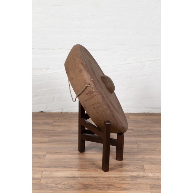 Antique Burmese Bronze Temple Gong with Red Mallet and Raised Center For Sale In New York - Image 6 of 10