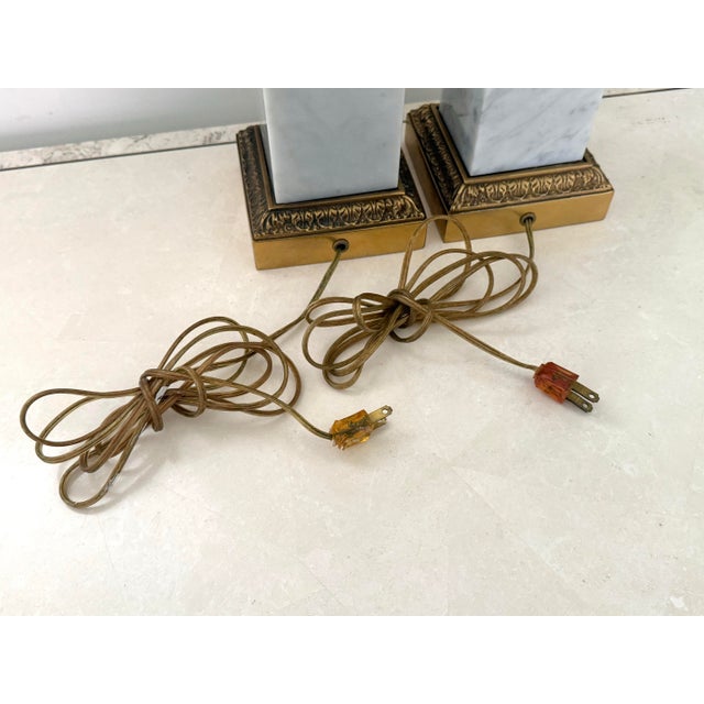 Mid 20th Century Italian White Marble and Carved Brass Neoclassical Column Lamps, a Pair For Sale - Image 10 of 11