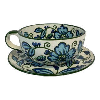 1950s Vintage Hand Painted Italian Style Soup Mug and Sandwich Plate Set. For Sale