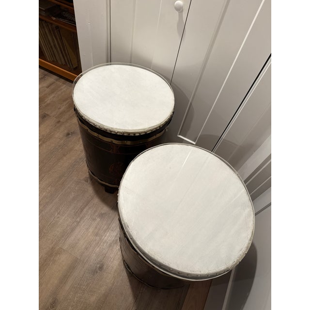 Pair of Antique Asian Chinoiserie Leather and Carved Wood Drum Side Tables For Sale In San Francisco - Image 6 of 6