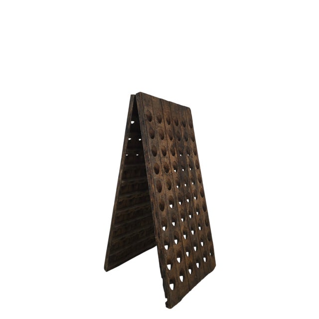 Original French wine and champagne riddling rack (Rüttelpult / pupitre). Solid oak. Dated 1971. Folding A-frame of two...