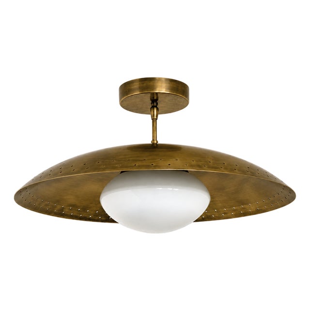 Mid Century Brass Disk Chandelier, Milk Glass Globe Pendant Light, Handmade Italian Modern Ceiling Fixture, Brass Semi Flush Light For Sale