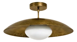 Mid Century Brass Disk Chandelier, Milk Glass Globe Pendant Light, Handmade Italian Modern Ceiling Fixture, Brass Semi Flush Light