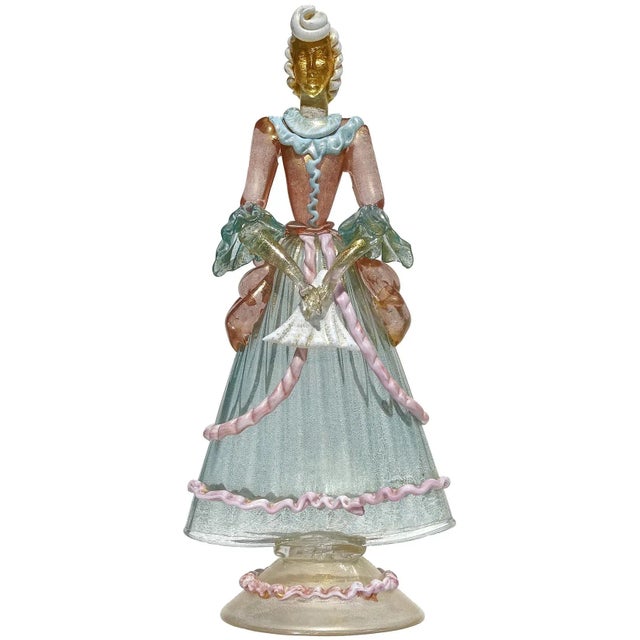 Murano Victorian Dress Woman Pink Blue White Gold Flecks Vintage Italian Art Glass Figure Sculpture For Sale - Image 13 of 13