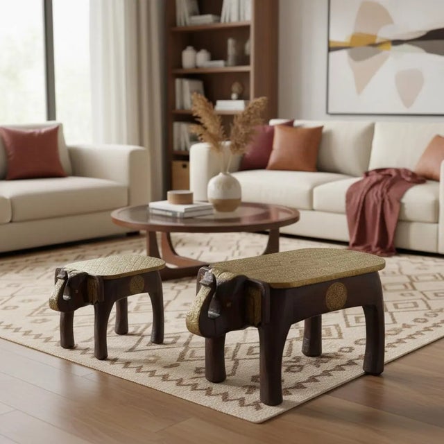 Unleash the spirit of global design in your home with this magnificent set of Hand Carved Wood Elephant Benches Set of 2....
