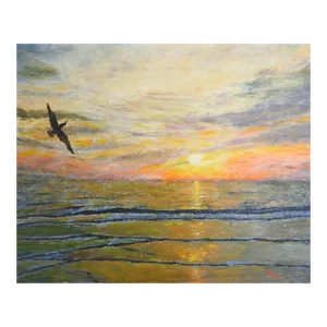 Vintage Mid 20th Century Ocean Beach Sunset Painting